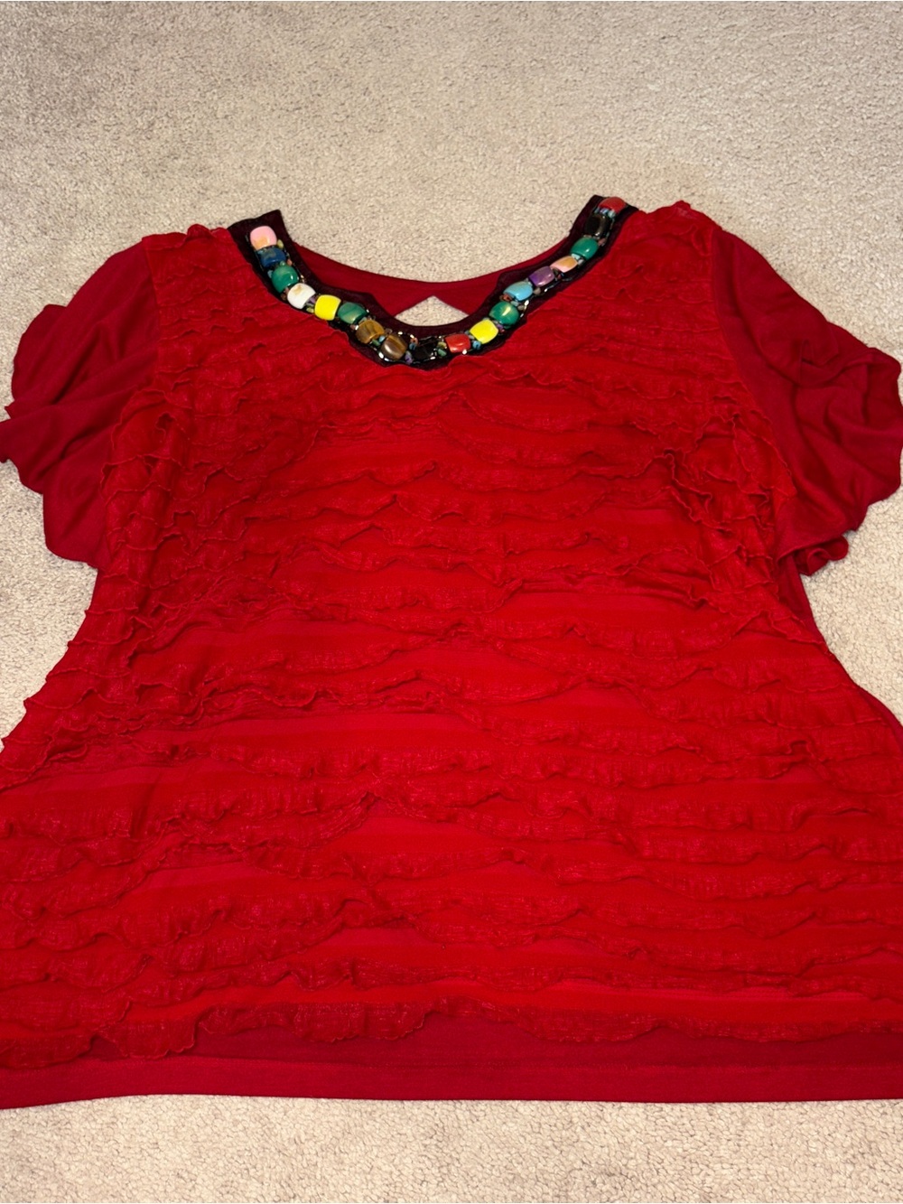 new directions Red Short Sleeve Ruffle Top with Multicolored Beaded Neckline 2X